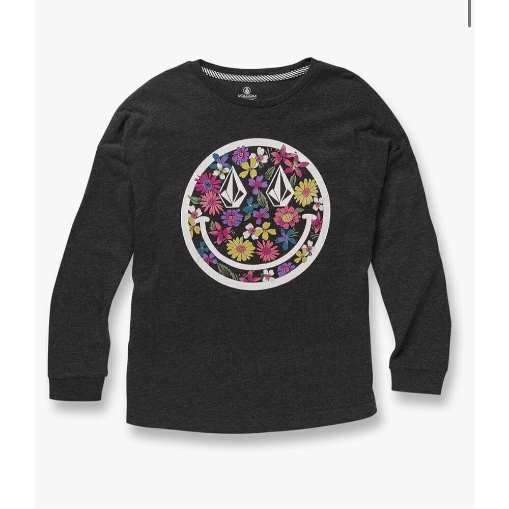 🌸 Volcom Stone Floral Smiley Face Long Sleeve Girls Oversize Tee Size 8/10